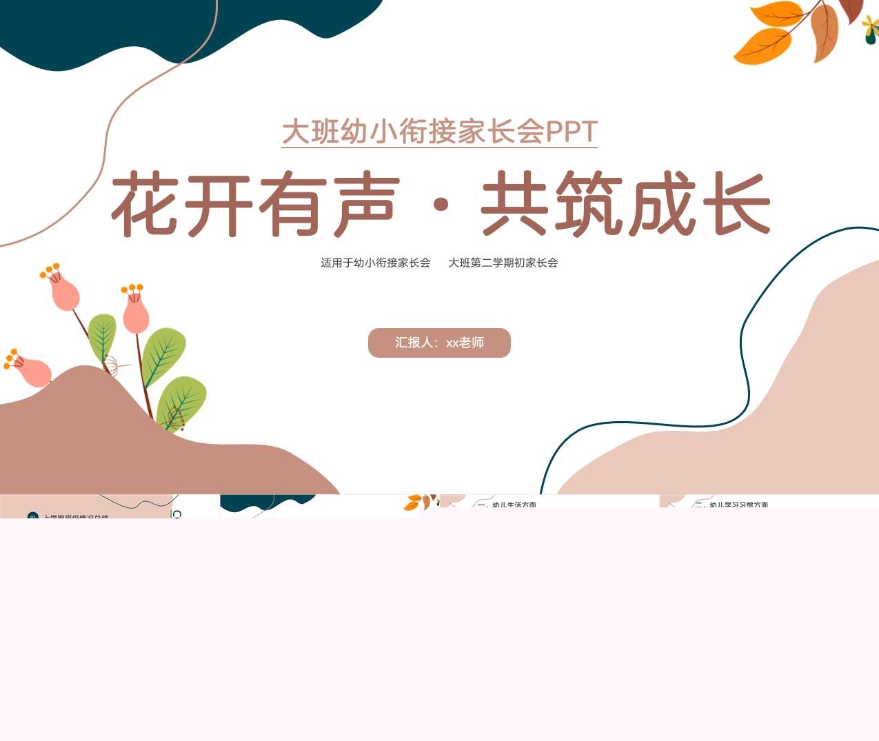 大班幼小衔接春季开学家长会《花开有声共筑成长》PPT+讲话稿（大班家长会）