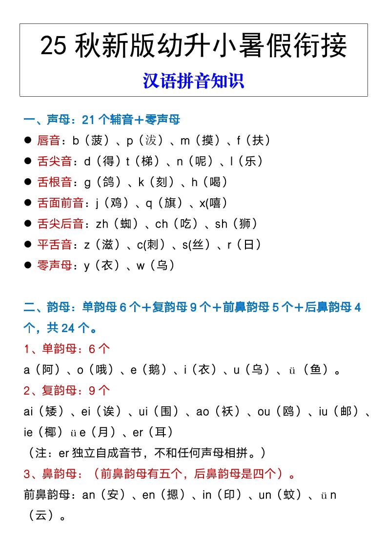 【2025秋新版】幼升小暑假衔接汉语拼音知识