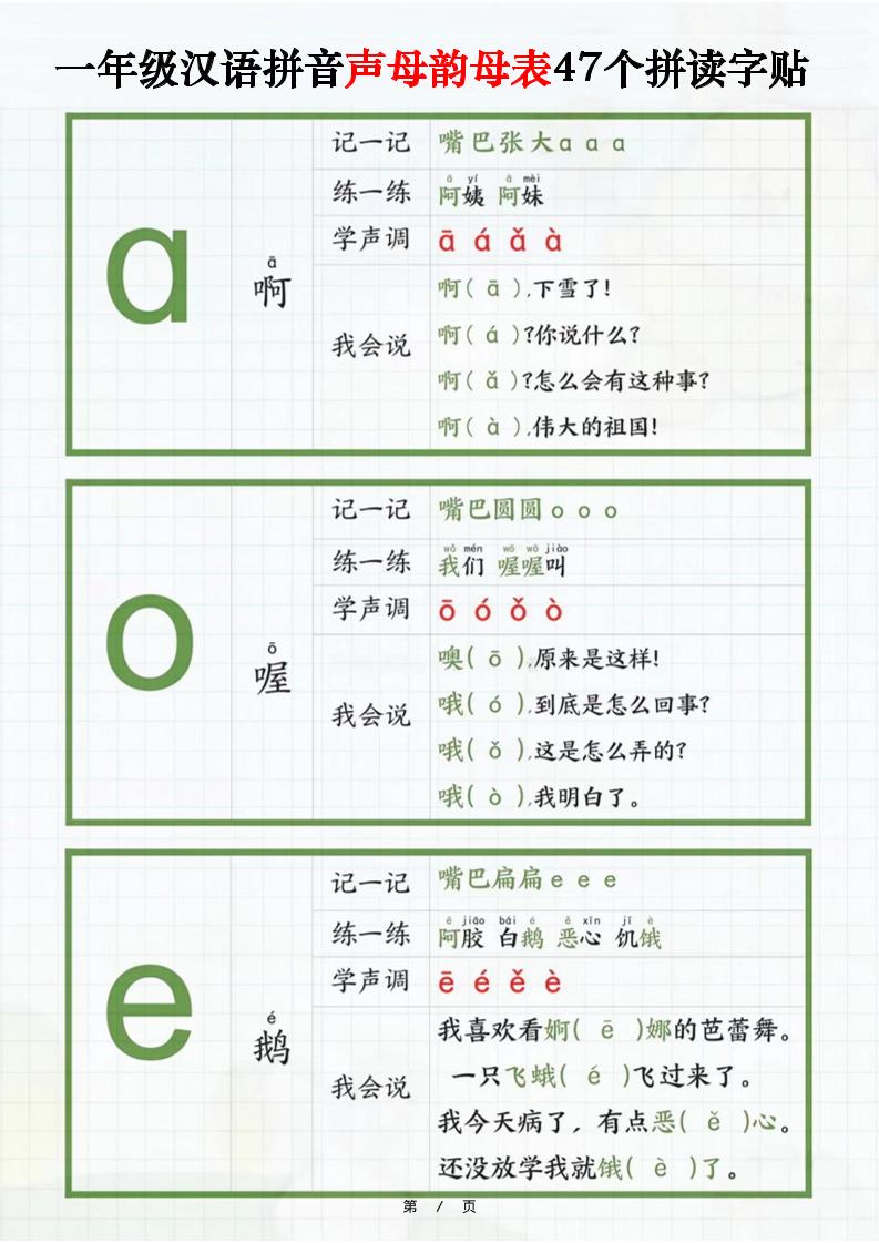 一年级汉语拼音声母韵母表47个拼读字贴（16页）