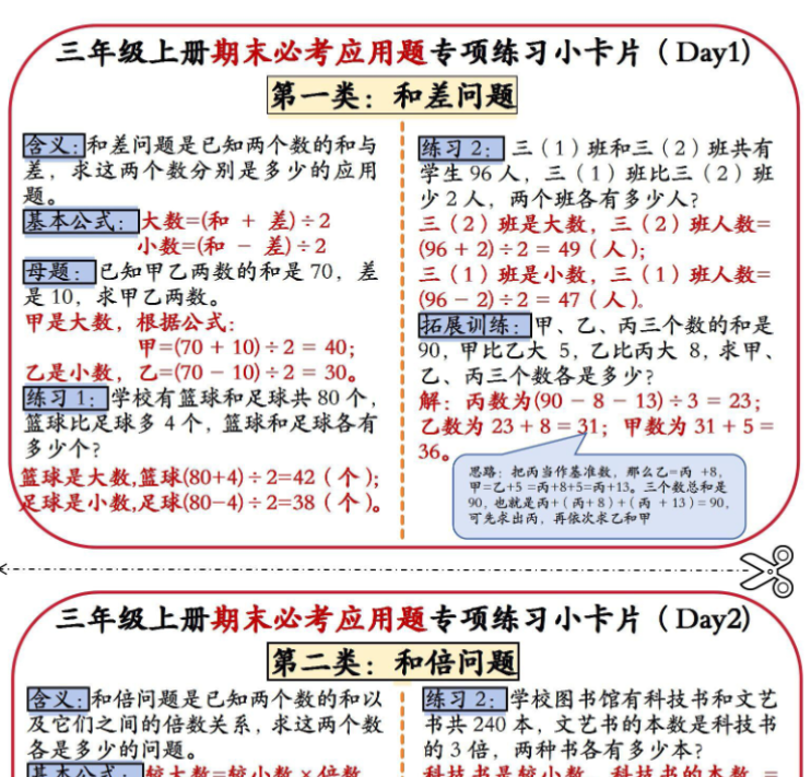 三上期末必考应用题专项训练小卡片