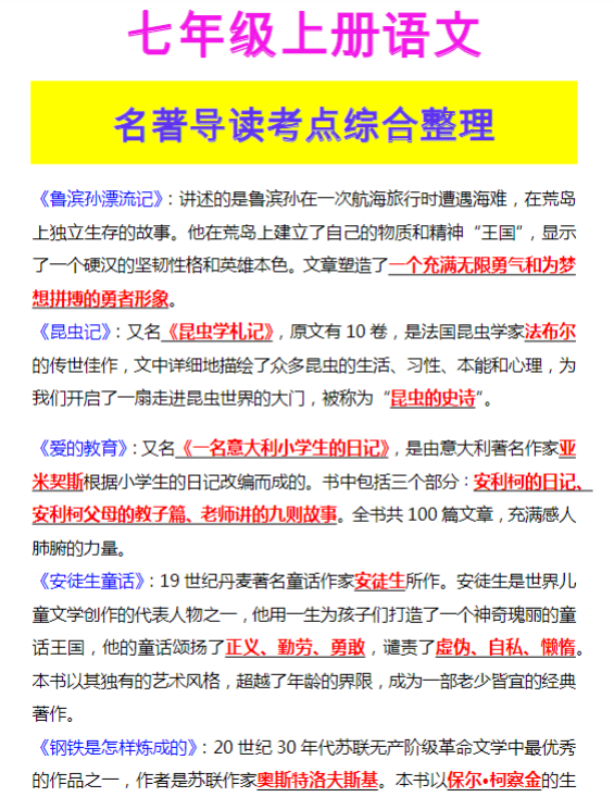 七年级上册语文 名著导读考点综合整理