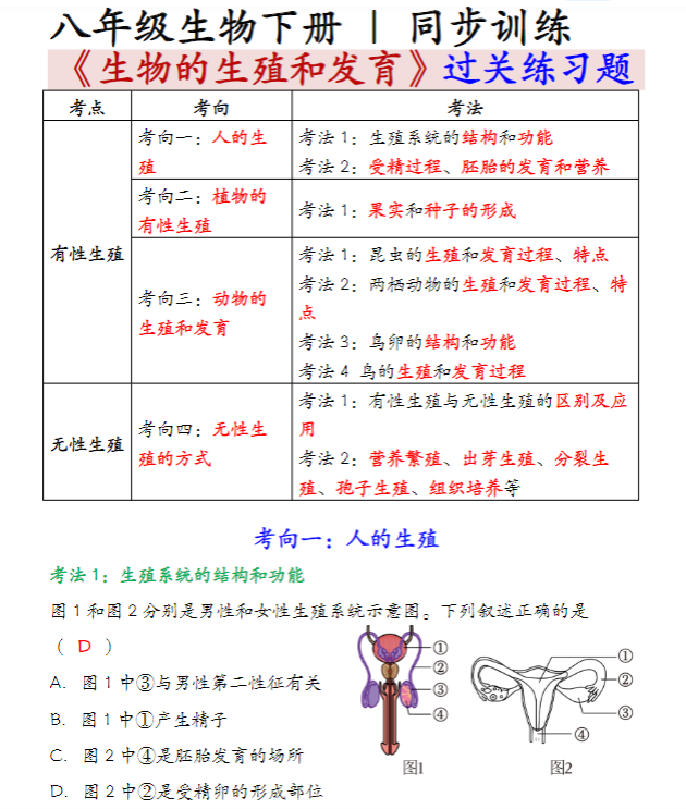 八年级生物下册同步训练《生物的生殖和发育》过关练习题