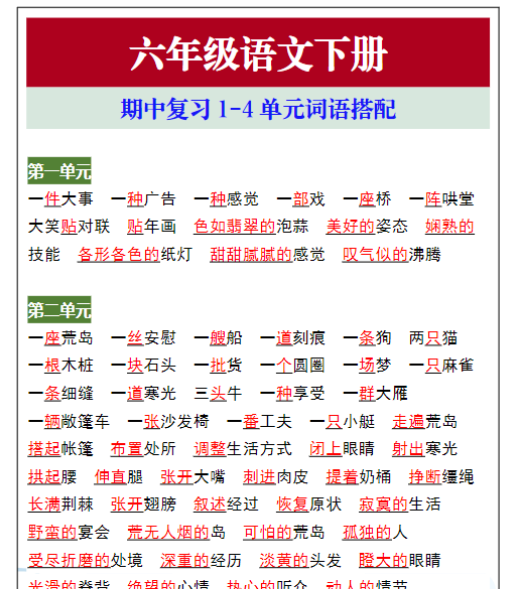 六年级语文下册期中复习1-4单元词语搭配