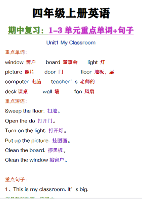 四年级上册英语期中复习第1-3单元重点单词+句子复习