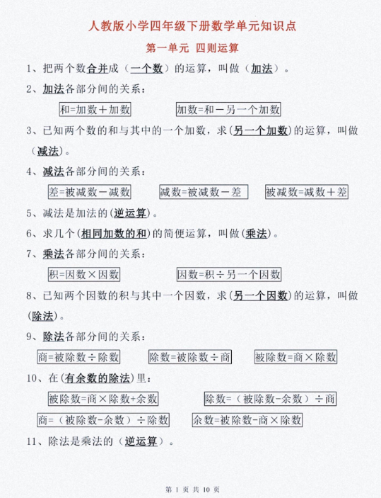 【精品】四年级下册数学单元知识点归纳总结