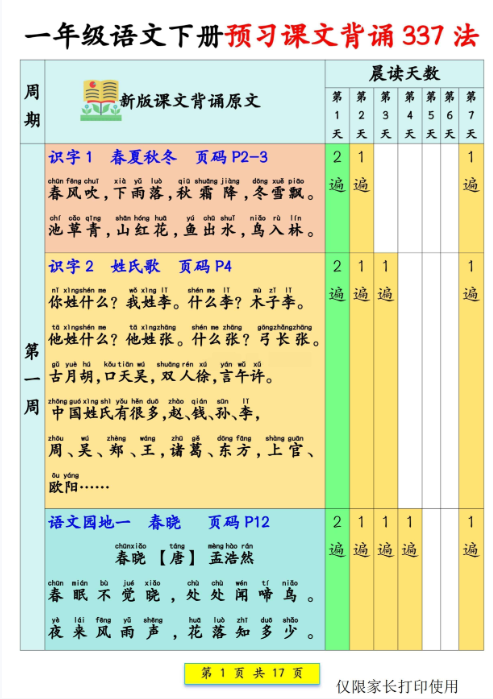 【精品】一（下）语文 预习背诵：课文背诵337法+课文内容填空