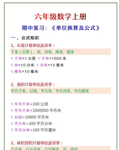 六年级数学上册 期中复习：《单位换算及公式》