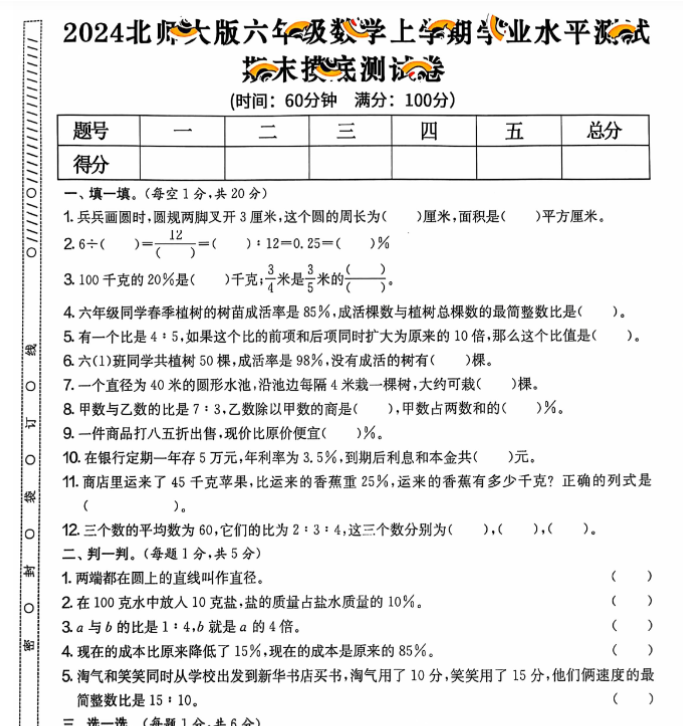 六年级期末 数学北师大版