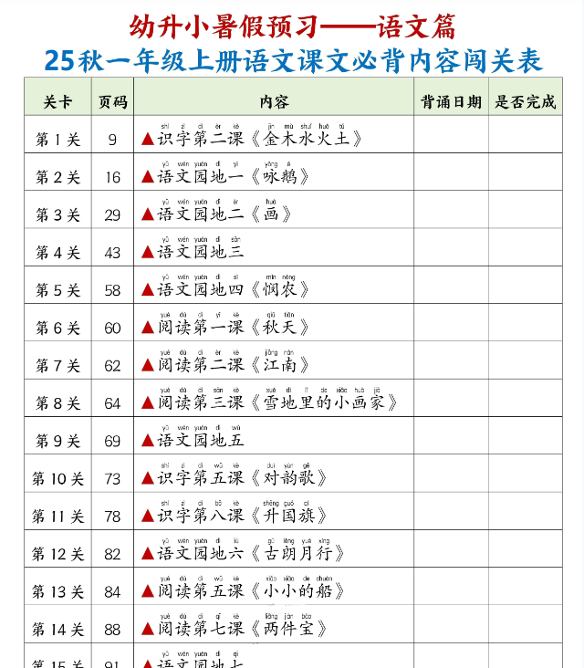 2025秋版一年级上册语文：《暑假背诵闯关表》25秋