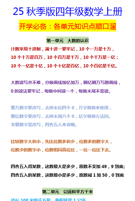 【2025秋新版】四年级数学上册 开学必备：各单元知识点顺口溜