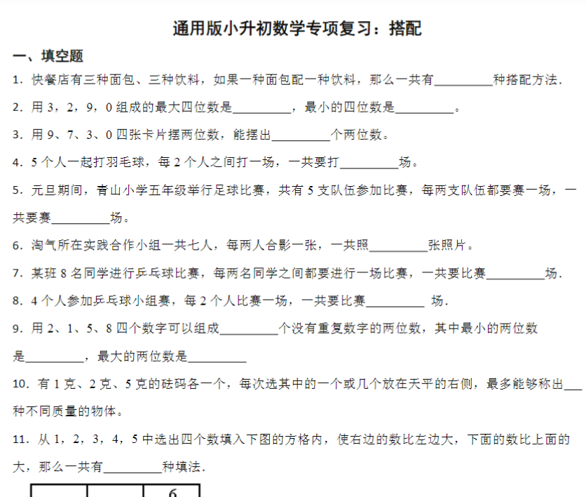 12页小升初专项复习：搭配（专项练习）-六年级下册数学通用版