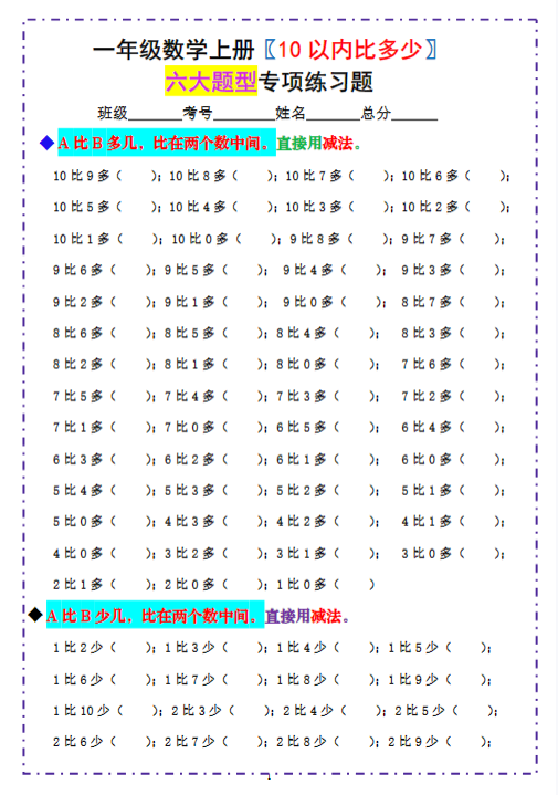 【精品】一上数学-《10以内比多少》填空题  六大题型 （含答案）