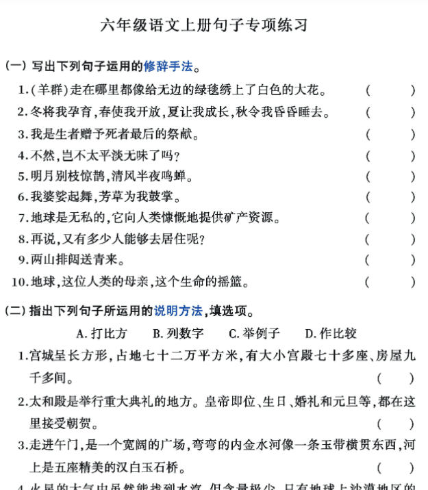 《重点句子专项训练》（6上）