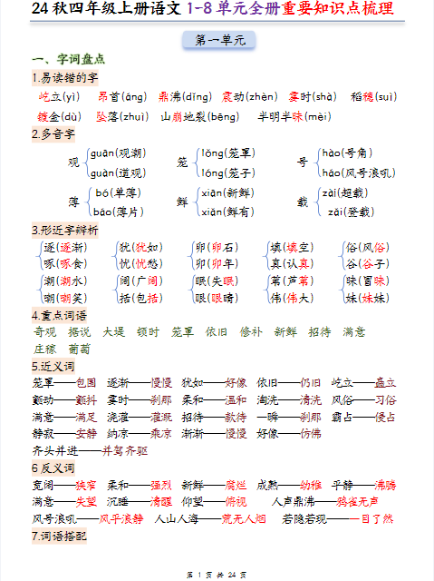 四（上）册语文-1-8单元全册重要期末知识点