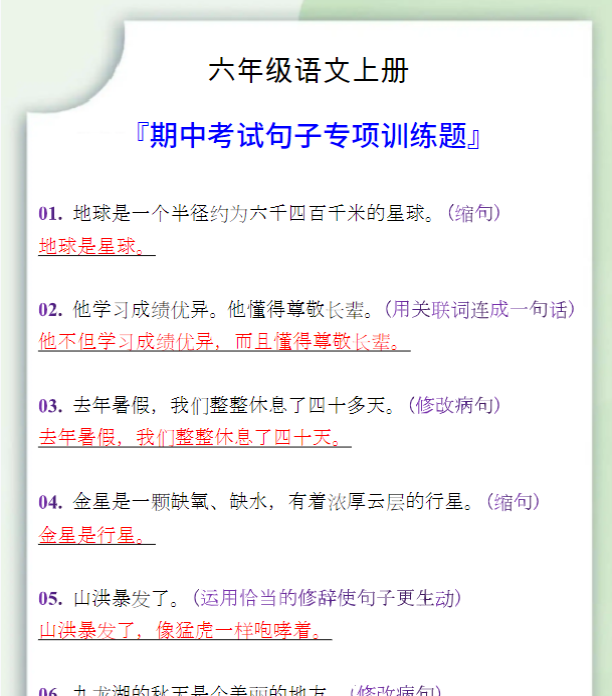六年级语文上册期中考试句子专项训练题