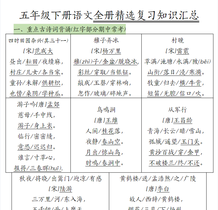 26页！期末复习重点知识汇总五下语文