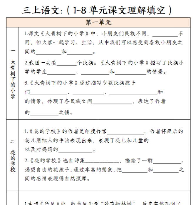 三年级上册语文课文理解填空（含答案）