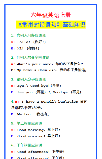 【2025秋新版】六年级英语上册《常用对话语句》