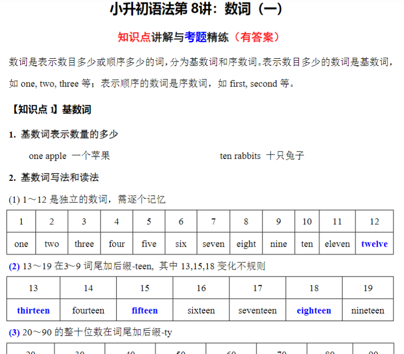 8页小升初语法专题讲练第8讲：数词（一）