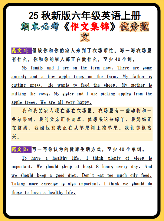 【2025秋新版】六年级英语上册期末必考《作文集锦》优秀范文