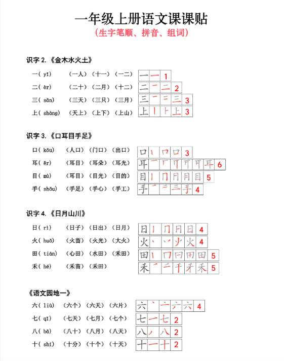 24秋新版一上语文期末课课贴（生字笔顺、拼音、组词）