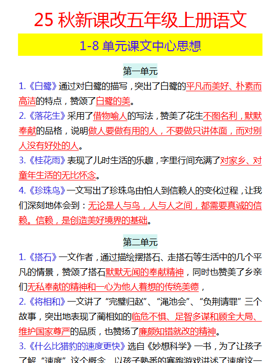 【2025秋新版】五年级上册语文 1-8单元课文中心思想