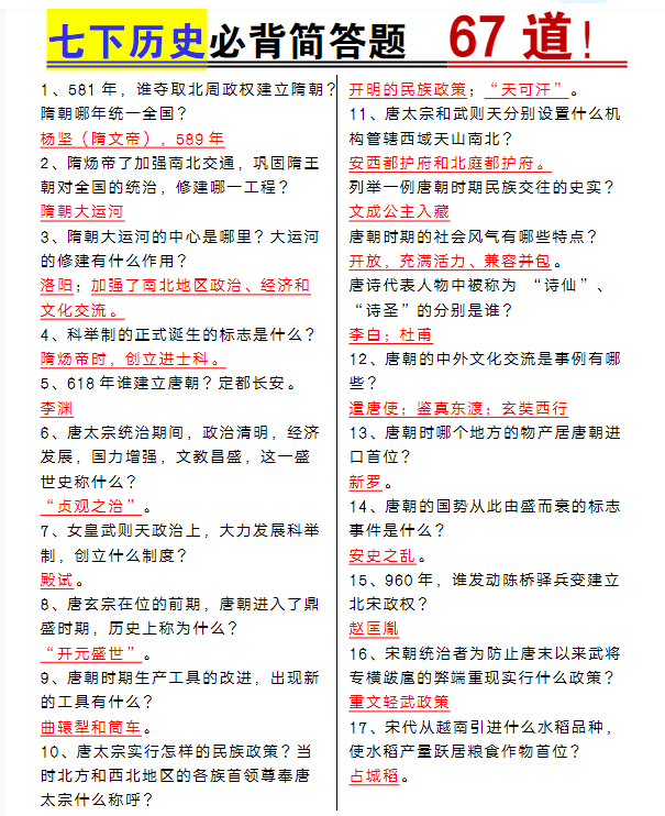 七年级下册历史必背简答题67道