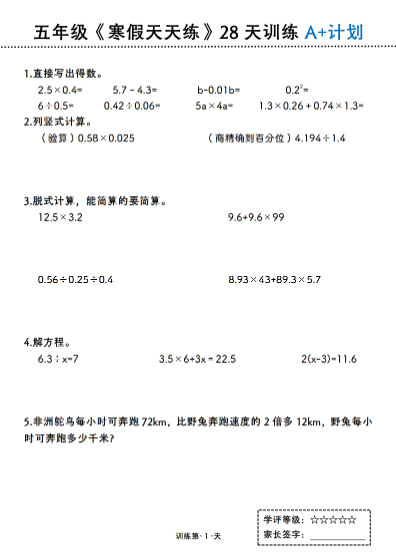 25春五年级数学【寒假天天练28天训练A+计划46页】