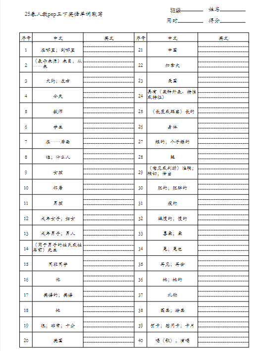 25春人教pep三下册英语单词默写表