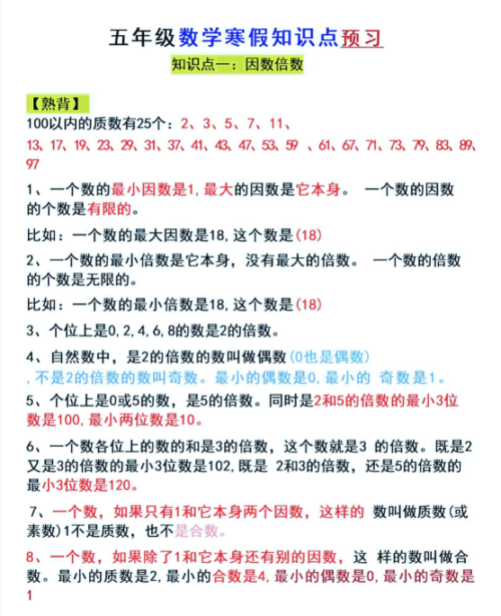 【精品】五下数学寒假知识点发布