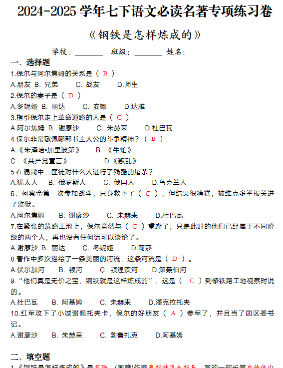 2024-2025学年七下语文必读名著《钢铁是怎样炼成的》专项练习卷