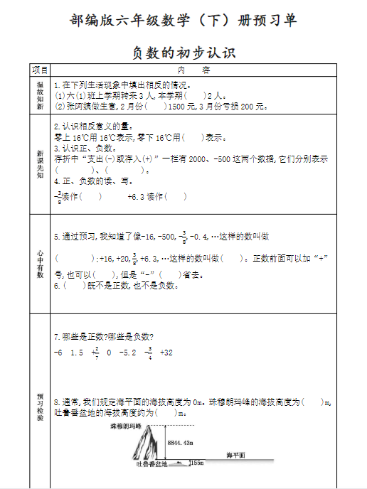 【精品】人教版六年级数学下册《课前预习单》