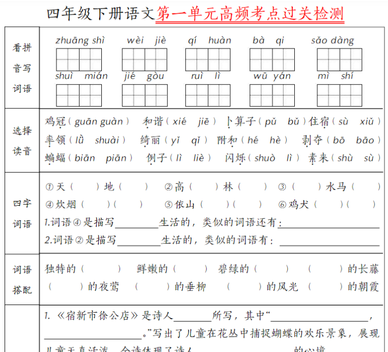 8页四（下）语文1-8单元高频考点过关检测