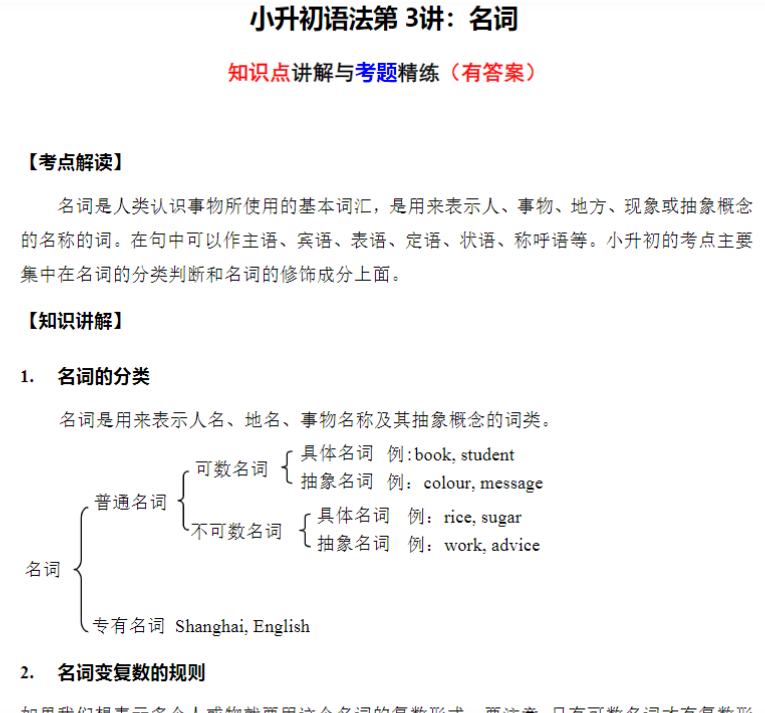 8页小升初语法专题讲练第3讲：名词的数