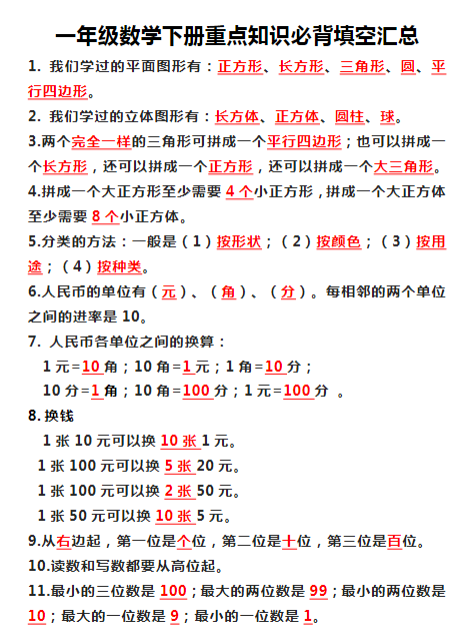 【精品】一年级下册数学需要背诵知识点