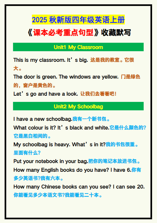 【2025秋新版】四年级英语上册《课本必考重点句型》汇总，收藏默写！