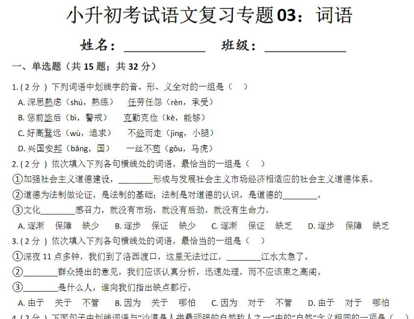 17页【小升初复习：词语专项训练 】