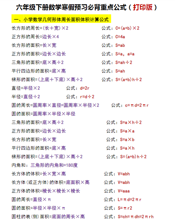 《重点必背公式概念汇总》（6下）