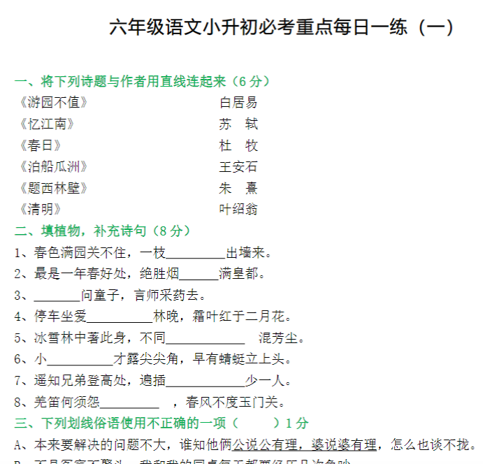 39页【小升初必考重点每日一练20天】六下语文