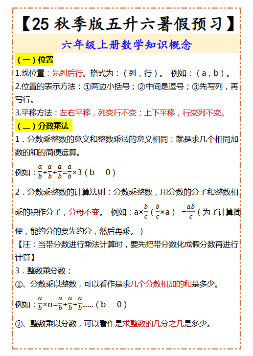 【2025秋新版】【五升六暑假预习】 六年级上册数学知识概念