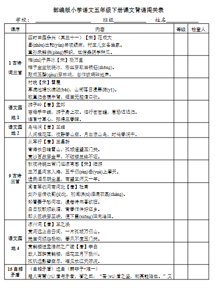 部编版小学语文5年级下册课文背诵闯关表