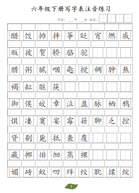 《2025春新课改六年级下册识字表注音》