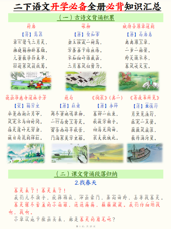 《2025春新课改二下语文开学必备全册必背知识汇总（十三类知识点）》