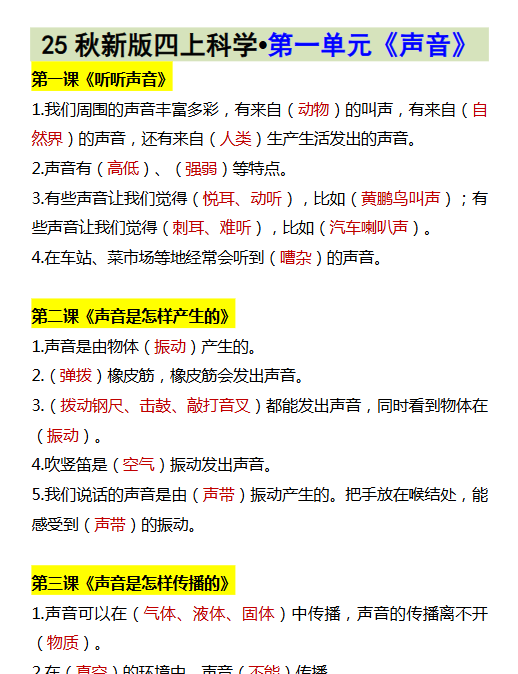 【2025秋新版】四上科学•第一单元《声音》