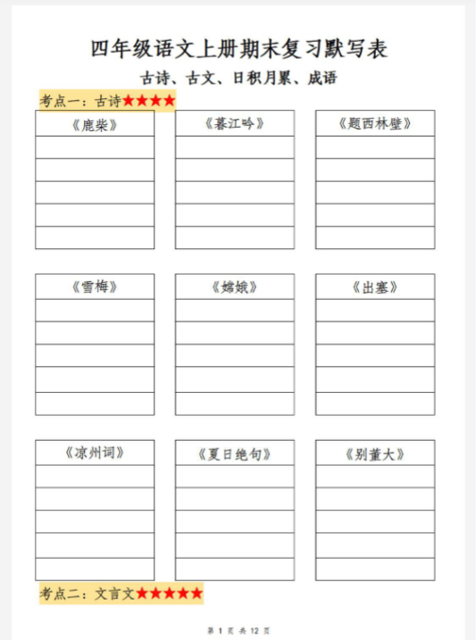 【精品】四年级上册语文期末复习默写表