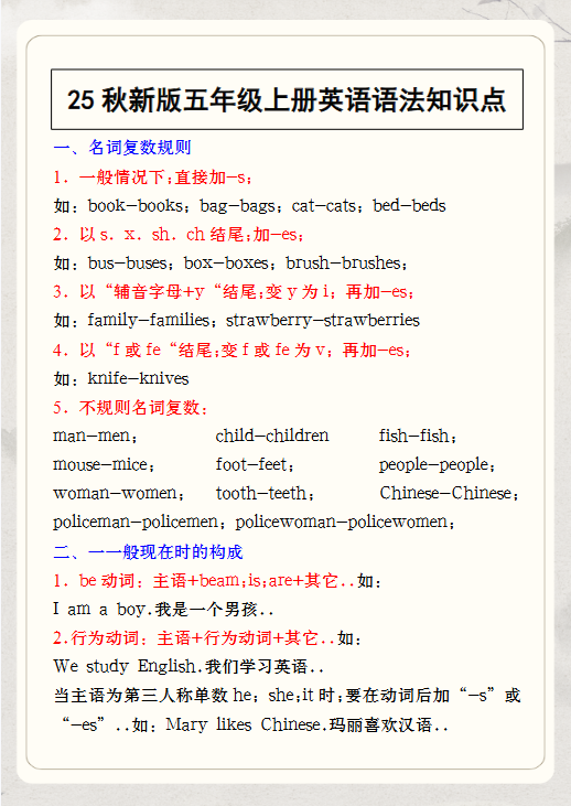 【2025秋新版】五年级上册英语语法知识点