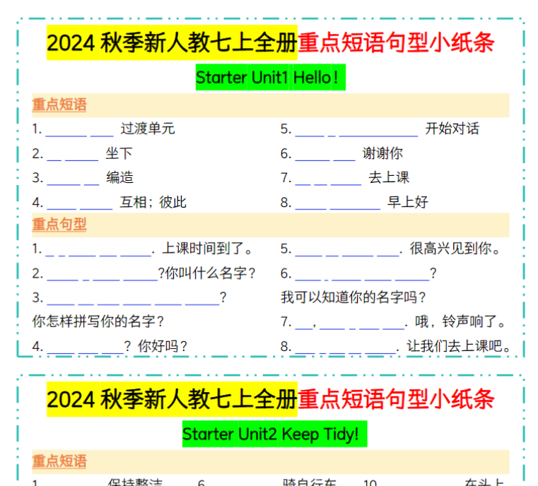 15页！2024秋季新人教七上全册重点短语句型小纸条【空白版+答案】