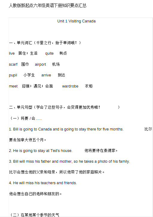 人教版新起点六年级英语下册知识要点