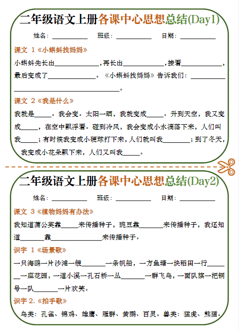 【各课中心思想总结】二上语文期末