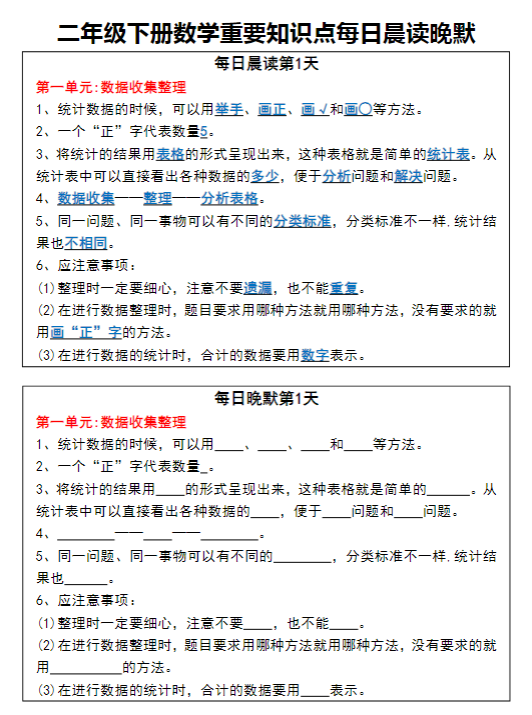 【精品】二年级下册《数学重要知识点每日晨读晚默》